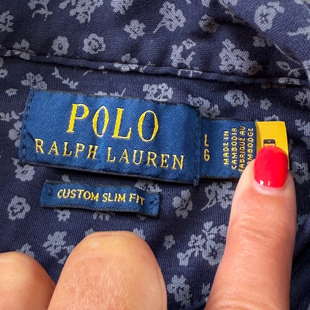 Polo Ralph Lauren Custom Slim Fit Floral Print Polo Shirt Navy Blue Size Large